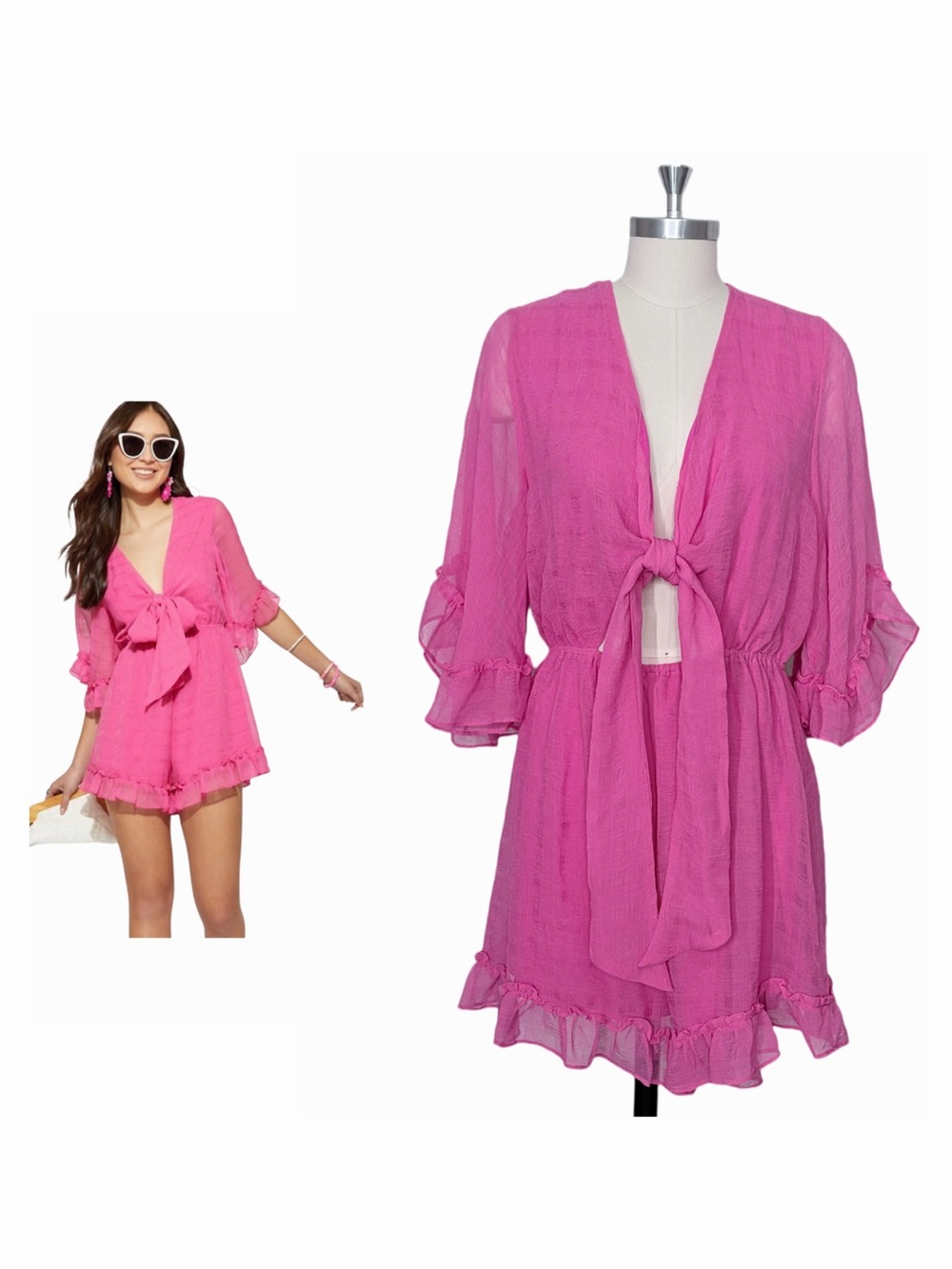 Francesca's Mi Ami Tie-Front Ruffle Romper in Bubblegum Pink Size XL Romantic